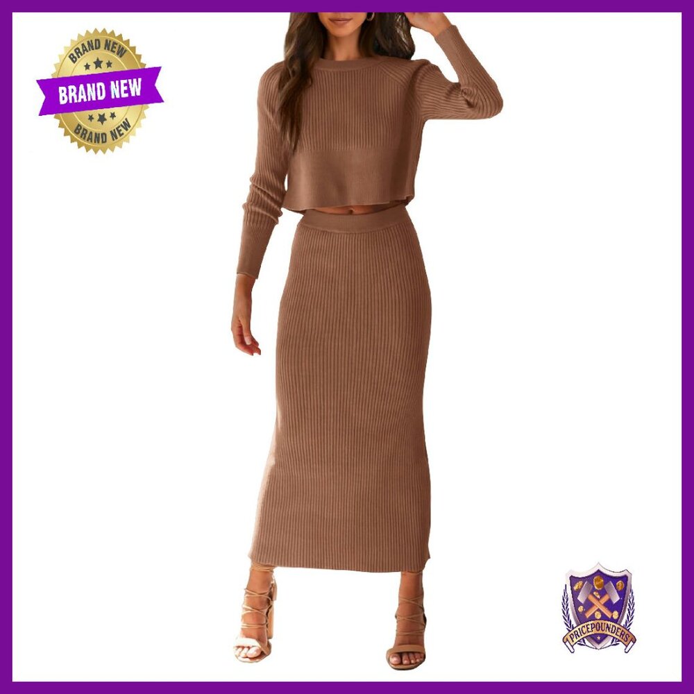 Rib Knit Sweater Set Long Sleeve Crop Top Maxi Skirt 2 Piece Outfit